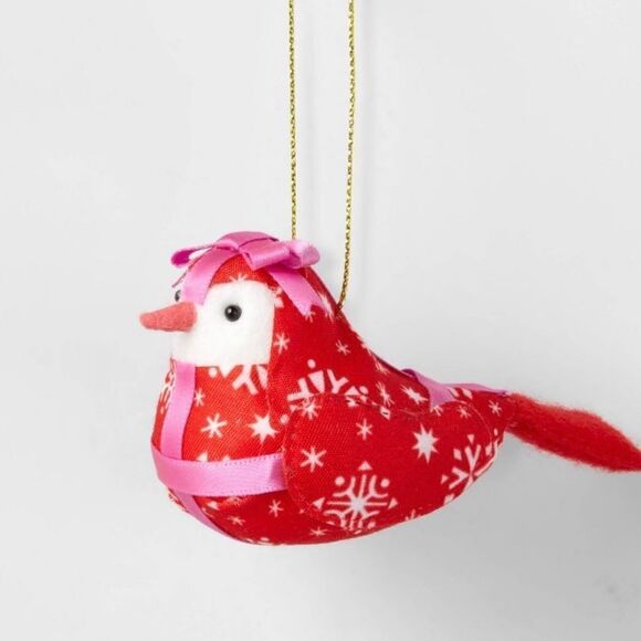 Target Fabric Gift Wrap Bird with Pink Ribbon Christmas Tree Ornament Wondershop - Picture 1 of 4